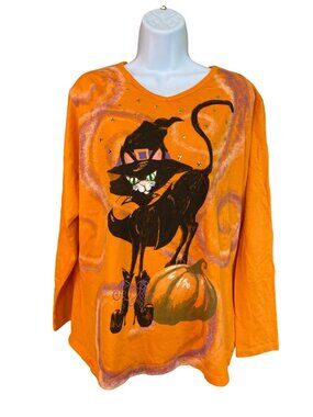 Needy Me Graphic T Shirt XL Halloween Black Cat Witch Pumpkin Shirt Orange Whims